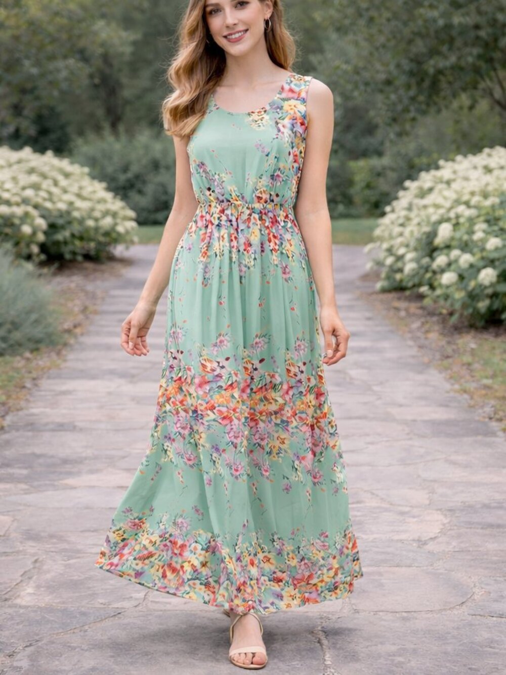 Floral Maxi Dress Sleeveless A Line Cottagecore Romantic Feminine Green - Picture 3 of 5